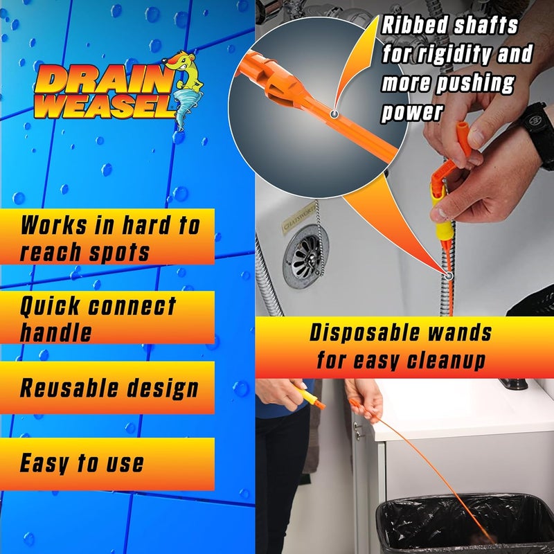 FlexiSnake Pro Drain Weasel Sink Snake Cleaner with New Molded Tip - 18″ - Drain Snake Clog Remover Tool with Rotating Handle & 5 Wand Refills - Easy to Use on Drains & Grates - Made in USA - 5-Pack - Image 4